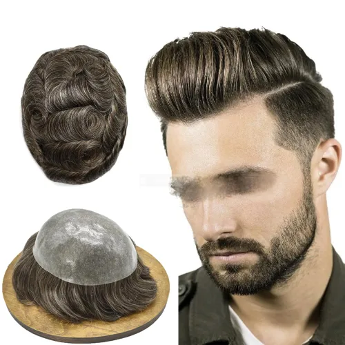 Vista 30 de PU Toupee para hombres pieza de pelo real sistema de reemplazo de cabello humano para hombres Toupee pieza de pelo para hombres piel polivinílica