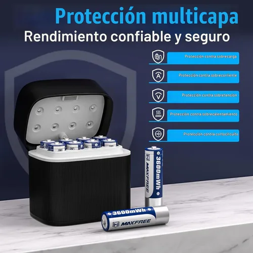 Vista 6 de Maxfree - Paquete de 8 baterías de litio recargables AA con cargador de doble propósito Negro