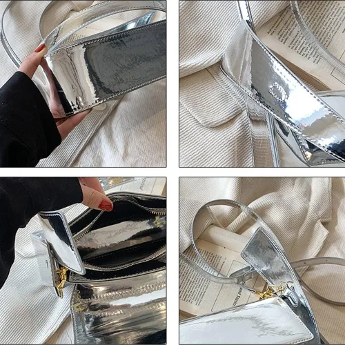 Vista 7 de Bolso de noche para mujer, bolso de mano Y2k, plateado brillante, bolso de mano, bolso de fiesta, lindo bolso metálico