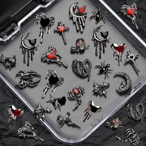Vista 9 de 30 dijes de uñas de Halloween para uñas acrílicas, 3D, dijes de Halloween para uñas, cruz, estrella, luna, corazón, araña, cráneo, diseños de uñas