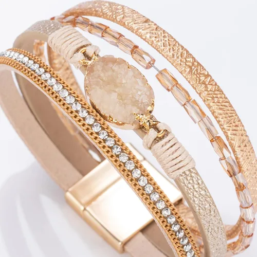Vista 5 de FANCY SHINY - Pulsera de cuero estilo bohemio, pulsera de cuentas de cristal con cierre magnético, regalos de joyería para mujer