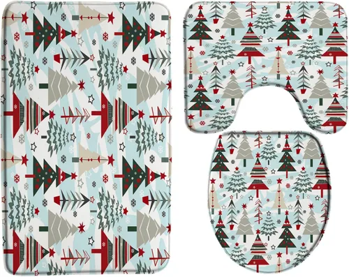 Vista 13 de GCTNBJL Juego de 3 alfombrillas de baño para árbol de Navidad, diseño de copo de nieve, rojo, gris, dibujos animados, invierno, vacaciones, baño