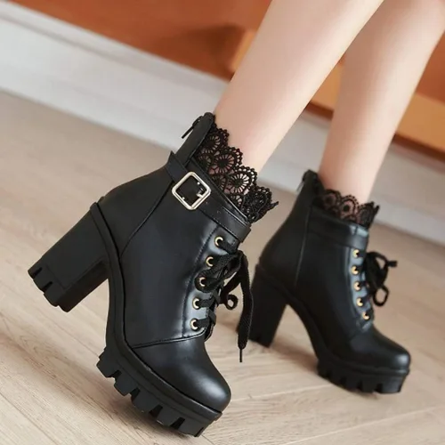 Vista 3 de Hbeylia Botas de combate de plataforma para mujer botas de cuero con encaje grueso botines de cuero gótico antideslizantes tacones altos botas
