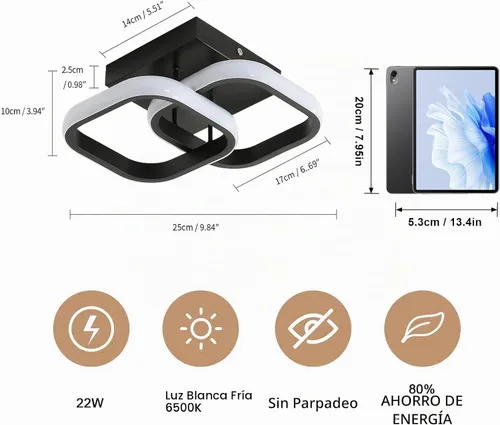 Vista 3 de Lámpara de techo LED moderna, 9 pulgadas, cuadrada, 6500 K, blanco frío, negro, mini lámpara de techo para pasillo, dormitorio, cocina, balcón