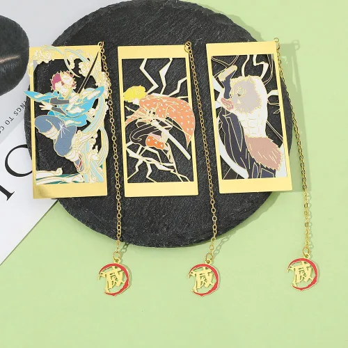 Vista 7 de Demon Metal - Marcapáginas de anime Kawaii Kamado Tanjirou, Agatsuma Zenitsu, Hashibira Inosuke, suministros escolares, regalos para hombres