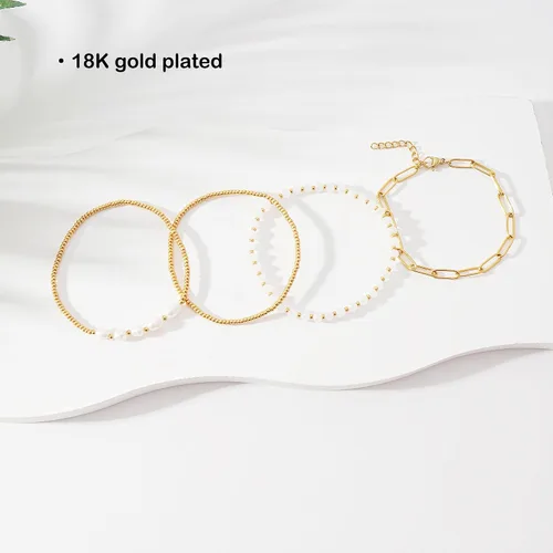 Vista 2 de Delicado juego de pulseras de perlas chapadas en oro de 14 quilates con cuentas de perlas chapadas en oro de 14 quilates, pulseras apilables