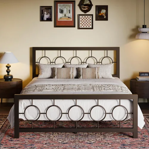 Vista 15 de SHA CERLIN Marco de cama de metal tamaño King con cabecera y pie de cama de diseño circular vintage, no requiere somier, fácil montaje, sin ruido