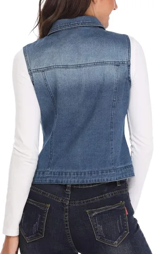Vista 5 de MISS MOLY Chalecos de mezclilla rasgados para mujer, estilo clásico, sin mangas, con bolsillos con solapa