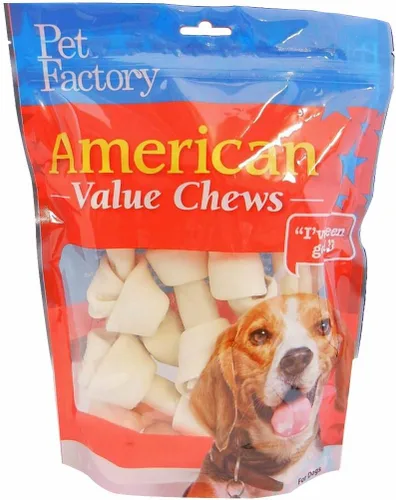 Vista 13 de Pet Factory Golosinas masticables para perros, 100% fabricadas en Estados Unidos, huesos anudados de 4 pulgadas, sabor a pollo, 18 unidades/1 paquete