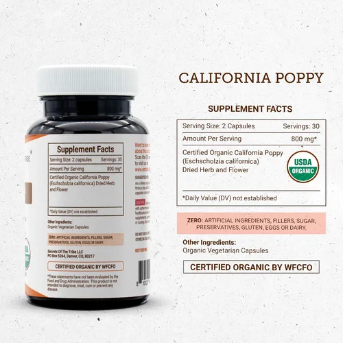 Vista 4 de Secrets of the Tribe California Poppy USDA Organic 60 cápsulas Fabricado con cápsulas vegetarianas y amapola orgánica certificada de California