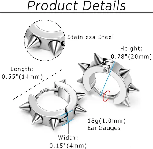 Vista 5 de Flongo Aretes de aro para hombre y mujer, de acero inoxidable, estilo punk, plata, Acero inoxidable