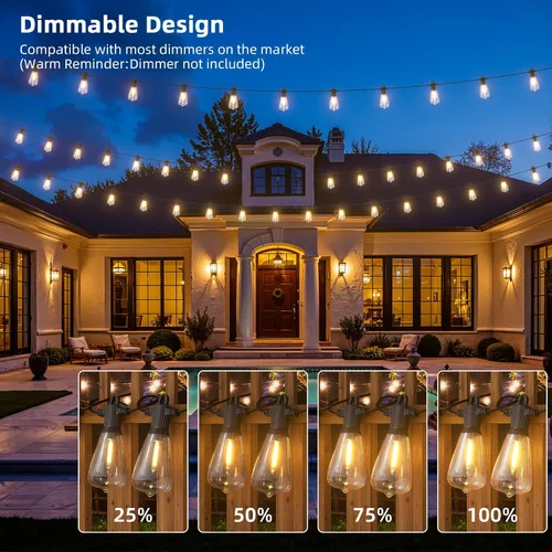 Vista 7 de Guirnalda de luces LED para exteriores, 25 pies, impermeables, para patio, con 12+1 bombillas Edison ST38 inastillables, luz colgante blanca cálida