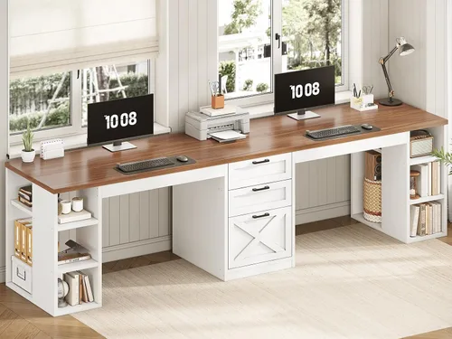 Vista 7 de SEDETA Farmhouse 96.5" 2 Person Computer Desk with Storage Drawers White and Brown