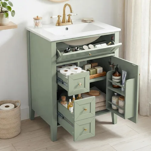 Vista 22 de Harper & Bright Designs Tocador de baño de 24 pulgadas con lavabo, juego de tocador independiente con 4 cajones, estantes de almacenamiento y Negro