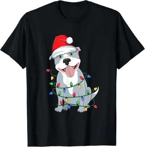 Vista 2 de Pitbull - Camiseta de Navidad con luces de árbol de Navidad Kawaii para amantes de los perros, Negro, S
