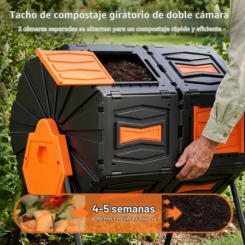 Vista 6 de Tambor de Compost, Fácil de Ensamblar y Eficiente Contenedor de Compost Exterior, 45 Galones/170 Litros Compostador Giratorio Grande de Doble Cámara