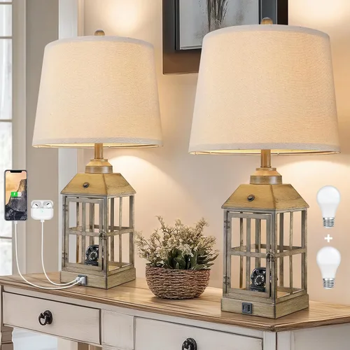 Vista 9 de Lámparas de mesa estilo granja de 25" para sala de estar, juego de 2 lámparas negras con puerto USB y luz nocturna, lámpara de mesa rústica