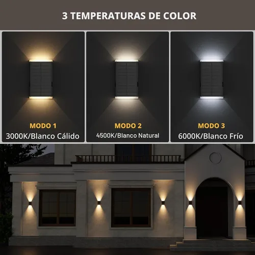 Vista 3 de Lámpara solar de pared para exteriores, 3000/4000/6000K, 3 modos de iluminación del atardecer al amanecer, aplique de pared IP67, impermeable