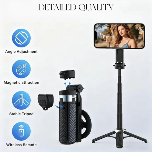 Vista 5 de Palo selfie magnético multifuncional 4 en 1 con rotación de 360° para iPhone/Android, trípode extensible portátil con control remoto desmontable