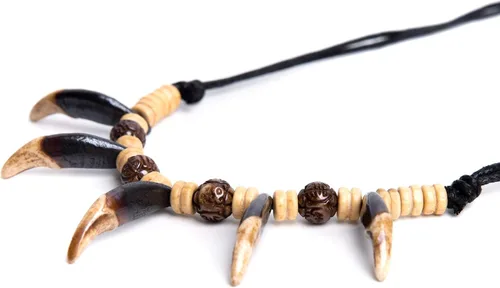 Vista 2 de Collar unisex de búfalo tallado con cuentas de diente de cuentas de tribu india, collar de hombre de las cavernas, Madera