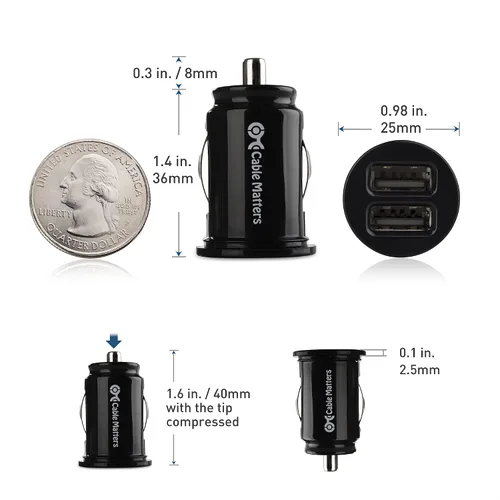 Vista 5 de Cable Matters Paquete de 2 cargadores de coche USB dual de montaje empotrado de 4.8A 24W Mini diseño compacto, para teléfonos inteligentes