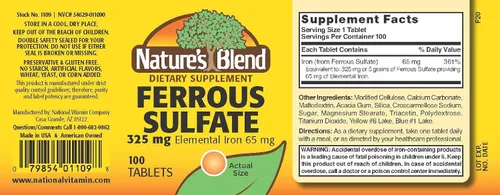 Vista 2 de Nature's Blend Sulfato ferroso de hierro 325 mg BPK, surtido, tabletas, 100