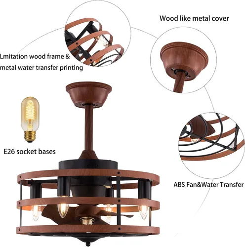 Vista 6 de OUKANING Ventilador de techo enjaulado con luz, reversible de 3 velocidades ajustables, ventilador de techo sin aspas con control remoto