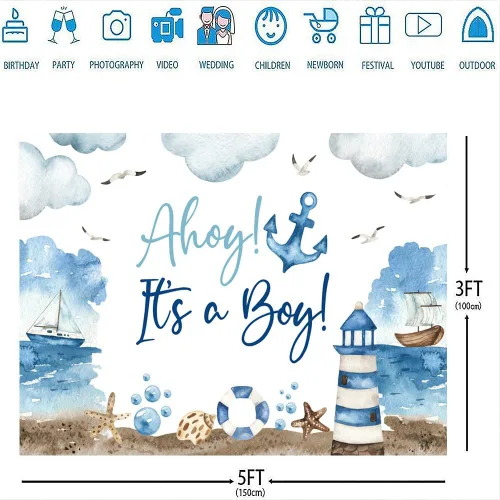 Vista 3 de Ticuenicoa Telón de fondo náutico para baby shower, 5 x 3 pies, nubes azules y blancas, diseño de barco faro para revelación de género, cabina