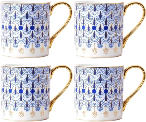 Vista 3 de CHOOLD Taza de café de porcelana floral azul estilo británico con cuchara de mango dorado, 12 onzas