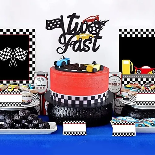 Vista 5 de Marwey Decoración para pastel de autos, decoración de dos cumpleaños rápidos, decoración de pastel de segundo cumpleaños con temática de automóvil