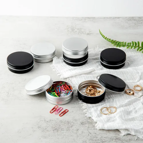 Vista 6 de Restaurantware RW Base - Cajas de almacenamiento de lata de 2 onzas, 100 cajas redondas de lata con tapas, tapas atornillables duraderas