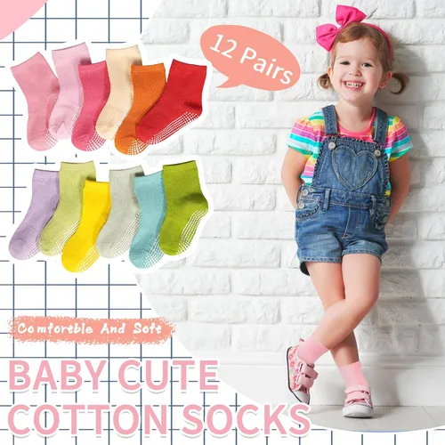 Vista 5 de Tphon Calcetines Antideslizantes para Niñas Pequeñas Calcetines Antideslizantes para Bebés con Agarres para Niños y Niñas 12 Pares para Niños de 0-7