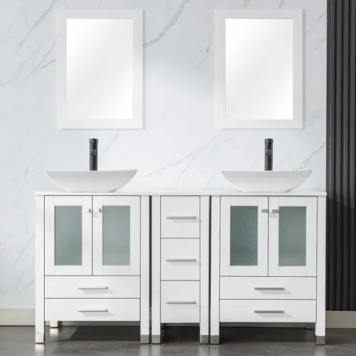 Vista 32 de LUCKWIND 60" Double 24" Bathroom Vanity with Sink Combo, Elegant Series with One 12.6-in Side Cabinet, Painted Frame, Including Tempered Glass Round