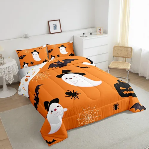 Vista 3 de Erosebridal Juego de edredón divertido de Halloween para niños, juego de ropa de cama de calabaza fantasma, decoración de Halloween para niños