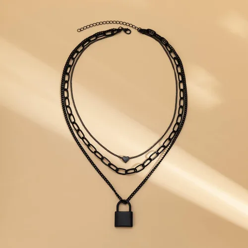 Vista 2 de Caiyao Collares apilados para mujer, cadenas de bloqueo negras, collar en capas con dije estético, gargantilla multicapa