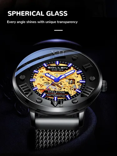 Vista 3 de SOLLEN Reloj automático esqueleto para hombre, reloj automático de esqueleto de doble cara para hombres