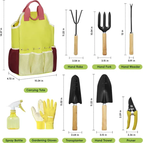 Vista 2 de Juego de herramientas de jardinería de 9 piezas, juego de herramientas de jardín resistentes con mango de madera, herramientas de mano premium