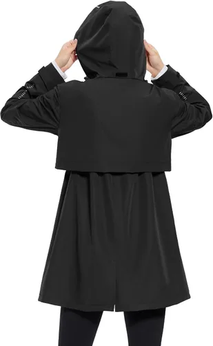 Vista 2 de baleaf Abrigo de lluvia largo para mujer, chaqueta de ciclismo plegable, impermeable, cortavientos, ligera, con capucha