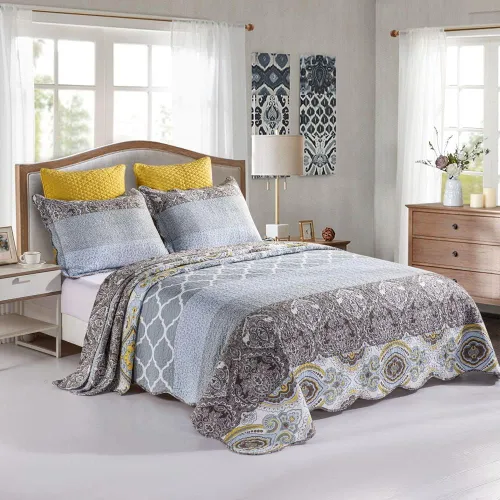 Vista 3 de YAYIDAY Juego de colcha de retazos tamaño Queen – 100% algodón reversible, transpirable, gris, acolchado con fundas de almohada para todas