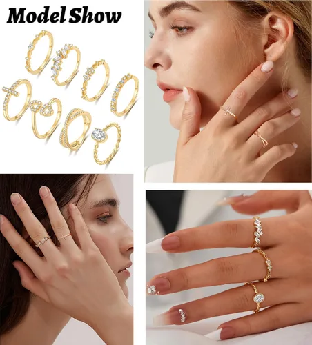 Vista 4 de TOSMGY - Anillos de oro para mujer, no se deslustra, apilables, anillos de compromiso de boda, anillo de oro de 14 quilates para adolescentes