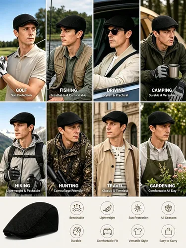 Vista 7 de Gorra de lino sintético para hombre, diseño de periódico con textura tejida ajustable Negro