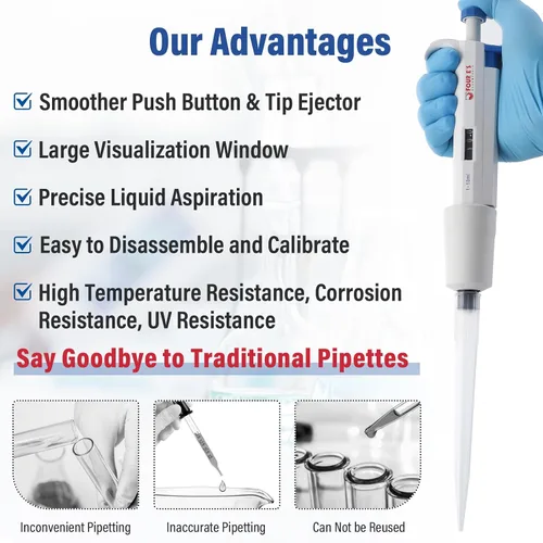 Vista 5 de Micropipeta de 10 mL, micropipetas de laboratorio de un solo canal de 1-10 mL, volumen variable ajustable para laboratorio líquido científico