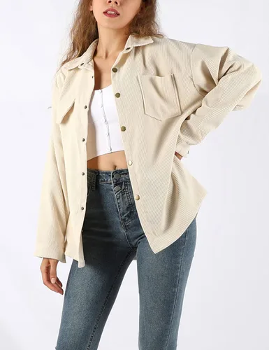 Vista 4 de Himosyber Chaqueta casual de pana de gran tamaño con solapa de pana sólida para mujer
