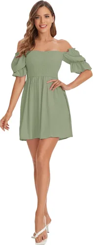 Vista 5 de WDIRARA Vestido de manga corta con volantes y cuello cuadrado para mujer