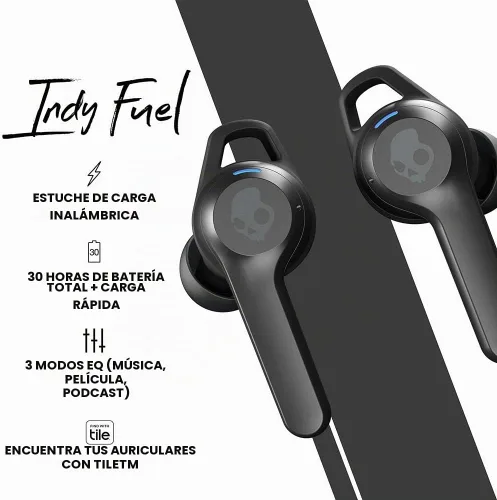 Vista 4 de Skullcandy Indy Fuel - Auriculares inalámbricos intraurales, carga inalámbrica, batería de 30 horas, micrófono, funciona con dispositivos iPhone