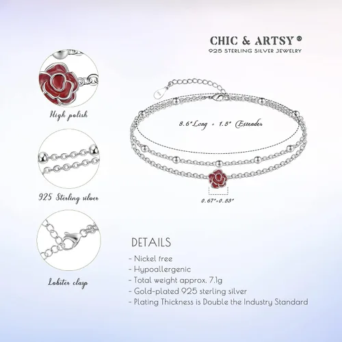 Vista 34 de CHIC & ARTSY Tobilleras delicadas de plata de ley S925 para verano, pulsera de tobillo ajustable multicapa para playa, joyería de pie para mujer