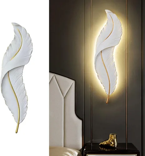 Vista 8 de Lámpara de pared de plumas moderna LED con diseño de plumas blancas elegante 3000 K-6000 K, lámpara de pared LED vintage para dormitorio, sala