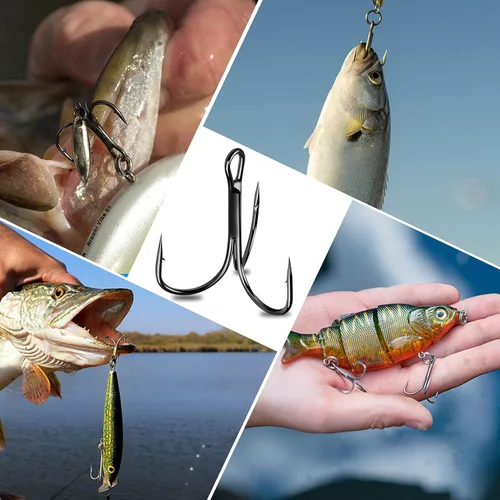 Vista 7 de Anzuelos agudos rojos de pesca, 80/120 piezas, afilado, redondo, curvado, agudos, de acero de alto carbono, ganchos triples para lubina, trucha