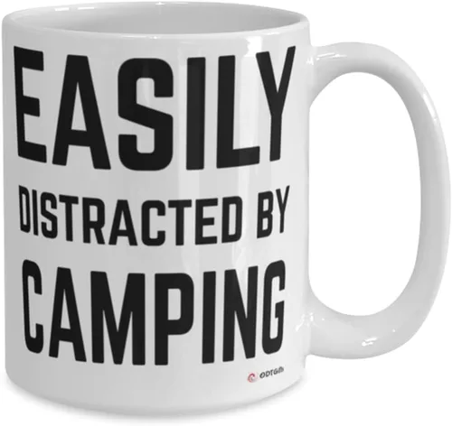 Vista 2 de ODDITEES Taza divertida para cámper, fácil de distraer por camping, taza de café de 15 onzas, color blanco