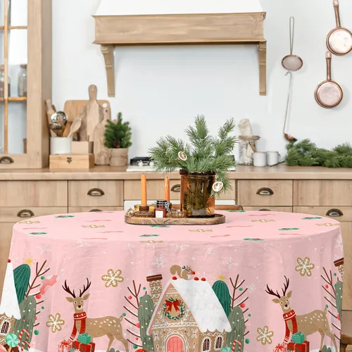 Vista 4 de Mantel de Navidad rosa con diseño de casa de jengibre, renos, mantel redondo de Navidad para fiestas de Navidad, 60 x 60 pulgadas